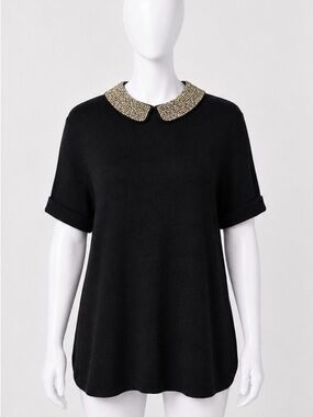 Elle Black Short Sleeve Knit Top with Gold Beaded Peter Pan Collar
